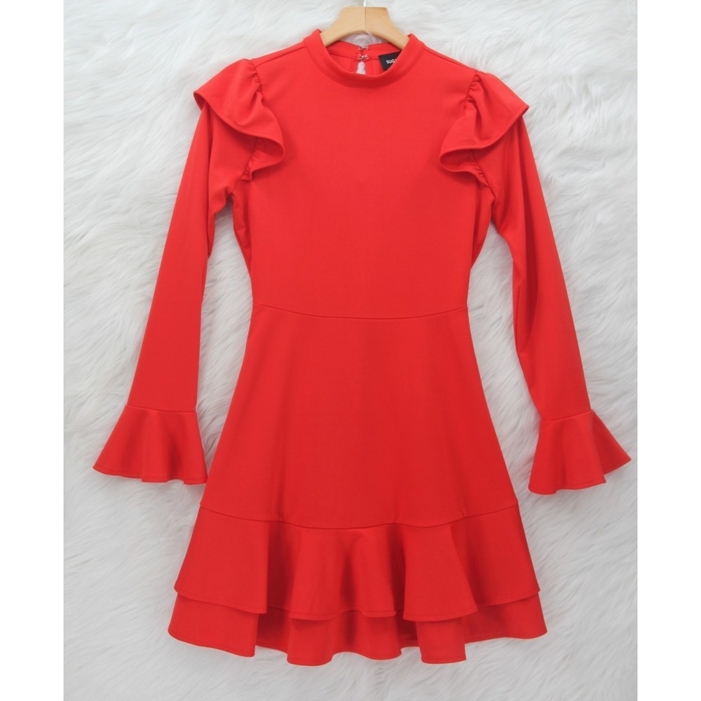 Sugar and Lips Womens Dress Size XS Red Fit & Flare Trumpet Sleeve Short #1668